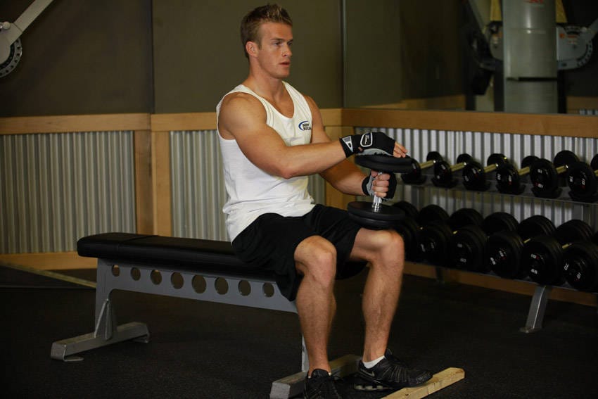 Dumbbell Seated One-Leg Calf Raise - Step 1