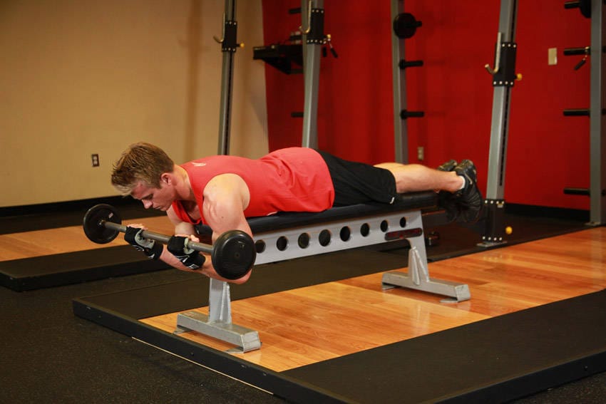 Lying High Bench Barbell Curl - Step 1