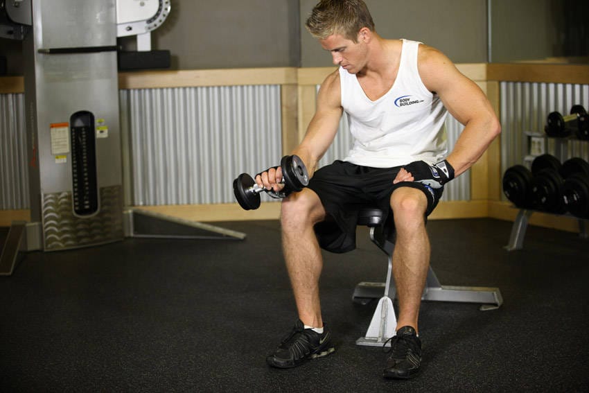 Seated One-Arm Dumbbell Palms-Down Wrist Curl - Step 1