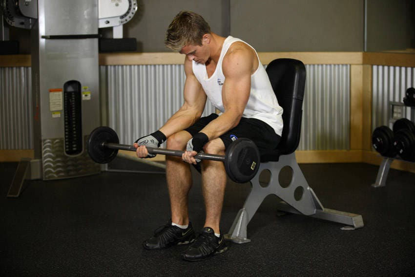 Seated Palm-Up Barbell Wrist Curl - Step 0