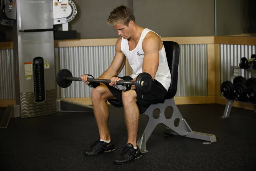 Seated Palms-Down Barbell Wrist Curl - Step 1