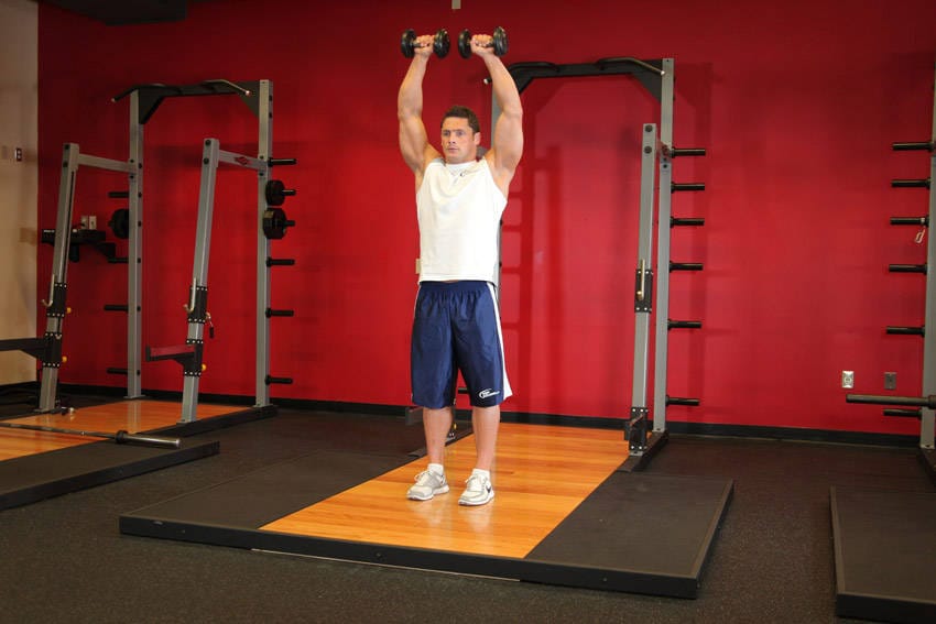 Standing Dumbbell Straight-Arm Front Delt Raise Above Head - Step 1