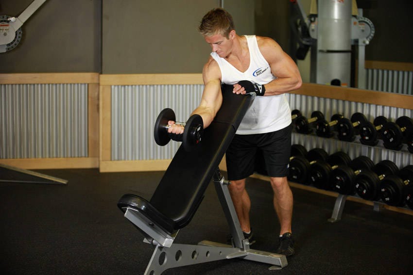Standing One-Arm Dumbbell Curl Over Incline Bench - Step 0